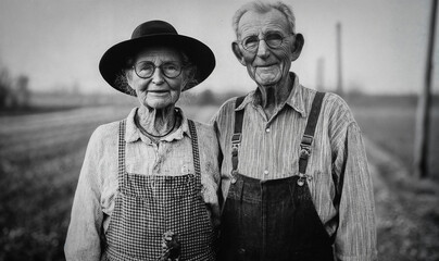 Vintage black and white photo with grandparents, elderly couple, farmers in countryside.