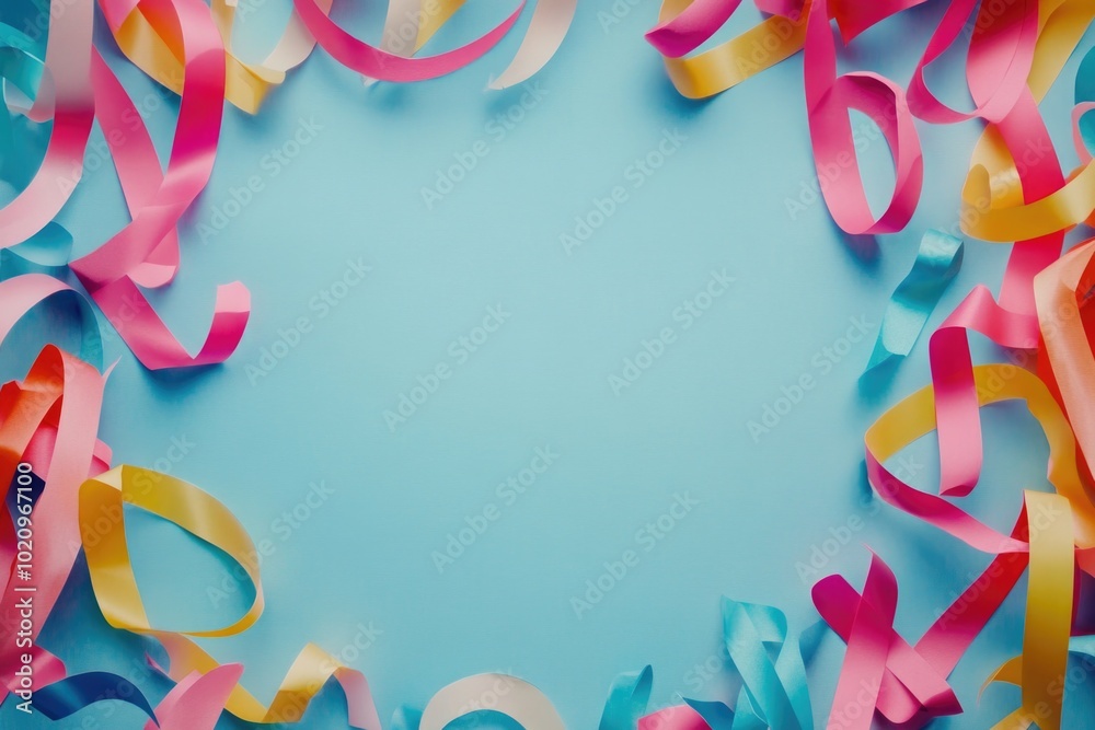 Aufkleber a vibrant and playful design featuring numerous colorful ribbons against a bright blue background, p