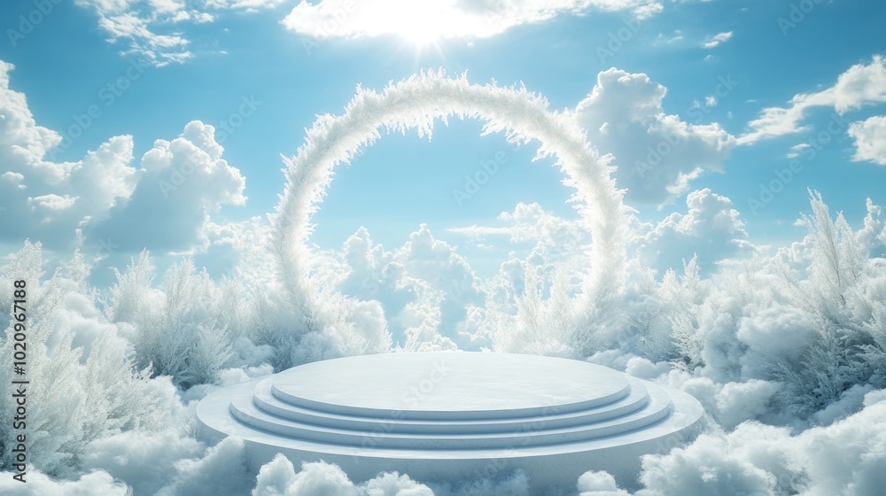 Poster a white platform situated amidst a field of fluffy clouds, ideal for photography or as a background