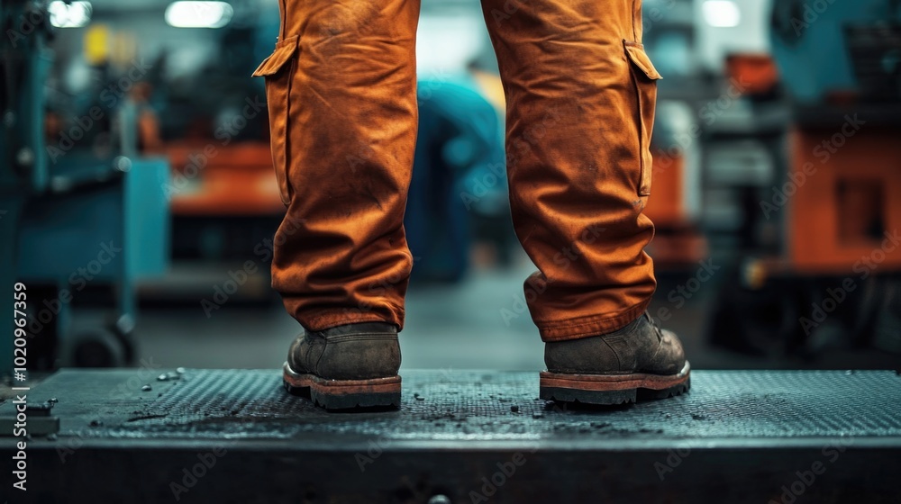 Poster person standing on a platform in a factory setting