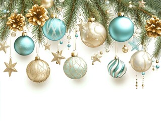 Blue and gold Christmas ornaments with pine branches and copy space for holiday greetings.