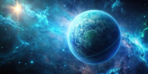 Obraz premium A celestial panorama showcasing a vibrant blue planet illuminated by a radiant star, encircled by a cosmic nebula and a tapestry of twinkling stars.