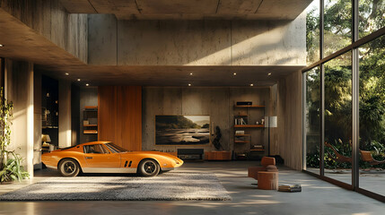 Orange Classic Sports Car In Modern Garage Interior 3D Illustration