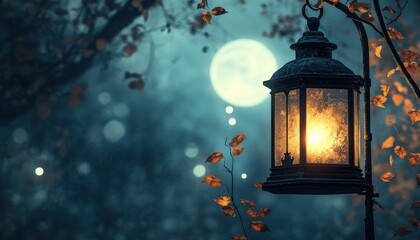 A Luminous Lantern Hanging Amongst Autumnal Branches Underneath a Full Moon