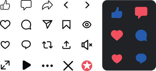 Social media icons set. Stroke icons of Like, comment buttons. Dark UI and Light background icon collection