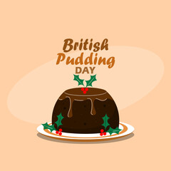 British Pudding Day celebrates on November 9th. A plate of chocolate pudding with cherry fruit topping served on white plate on cream background.