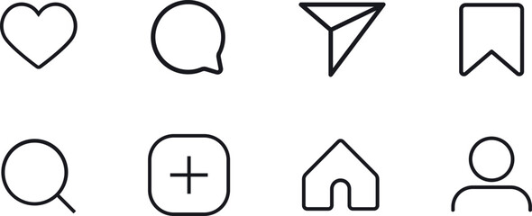 Social network signs set. Like, comment, share and save icons. Social media functional icons in stroke. Vector illustration