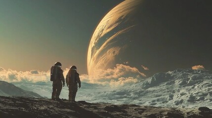 Futuristic astronauts exploring a distant moon with a gas giant looming overhea