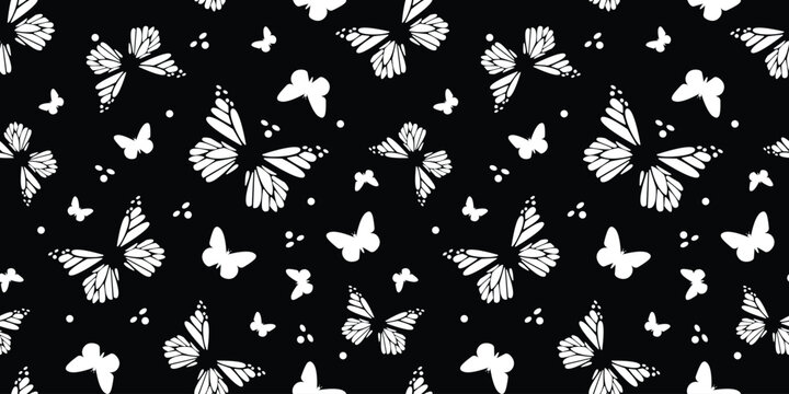 Vector seamless background black and white. Black white butterflies for decoration paper. Abstract illustration of insects. EPS 10