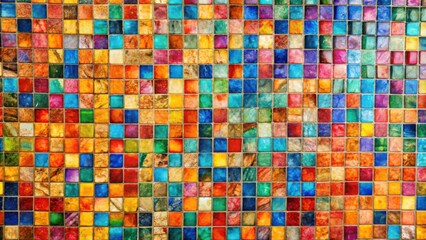 Fototapeta premium A vibrant mosaic of colorful square tiles arranged in a repeating pattern, showcasing an array of hues and textures.