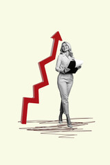Vertical creative image collage mature businesswoman charts statistics arrow direction up economy investor sucessful business entrepreneur