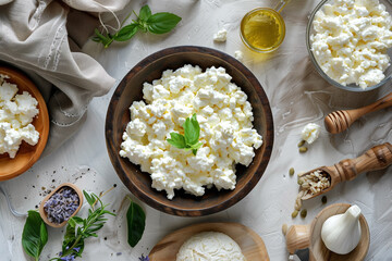 fresh curd cheese on table, top view