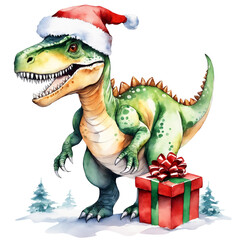 Fototapeta premium Christmas dinosaur tyrannosaur rex in red Santa hat with gift. Png isolated clipart on transparent background. Watercolor winter holidays llustration for invitation, greeting cards, posters