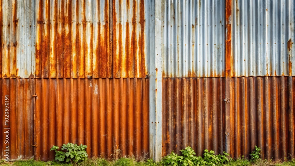 Poster a weathered corrugated metal wall with rust streaks and a single vertical panel, juxtaposing the pas