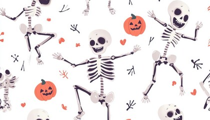 Happy Skeletons and Jack-o'-Lantern Pumpkins Seamless Pattern