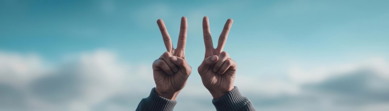 Hands making a peace sign against a blue sky with clouds.