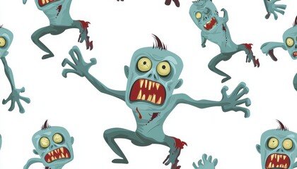 A Seamless Pattern of Cartoon Zombies with Open Mouths and Bloodstains
