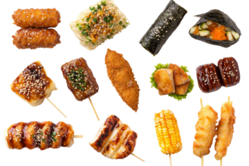 A delightful assortment of various skewered and wrapped Japanese street foods, beautifully presented on a white background.