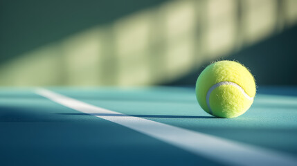One New Tennis Ball on White Line in Blue and Green Hard Court with Light from Right, Shadow and Copy Space on Left: A close-up of a new tennis ball on a blue and green hard court