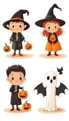 Four Children Dressed in Halloween Costumes with Pumpkins