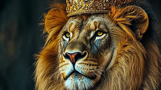 A regal lion adorned with an ornate golden crown gazes nobly against a dark backdrop, embodying power and sovereignty in a serene yet commanding posture.