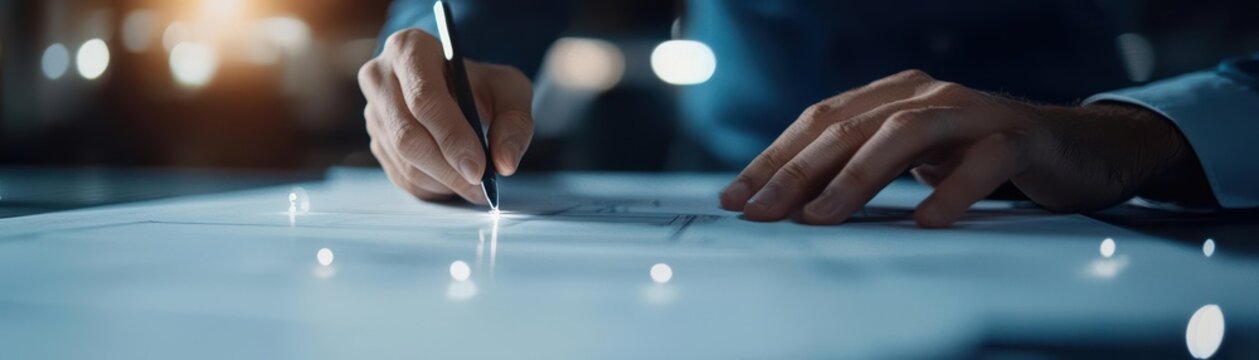 Person writing on a document with a pen, focused hands in a professional environment.