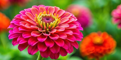 Fototapeta premium A vibrant pink flower with delicate petals blooms against a blurred background of green foliage and other colorful flowers.