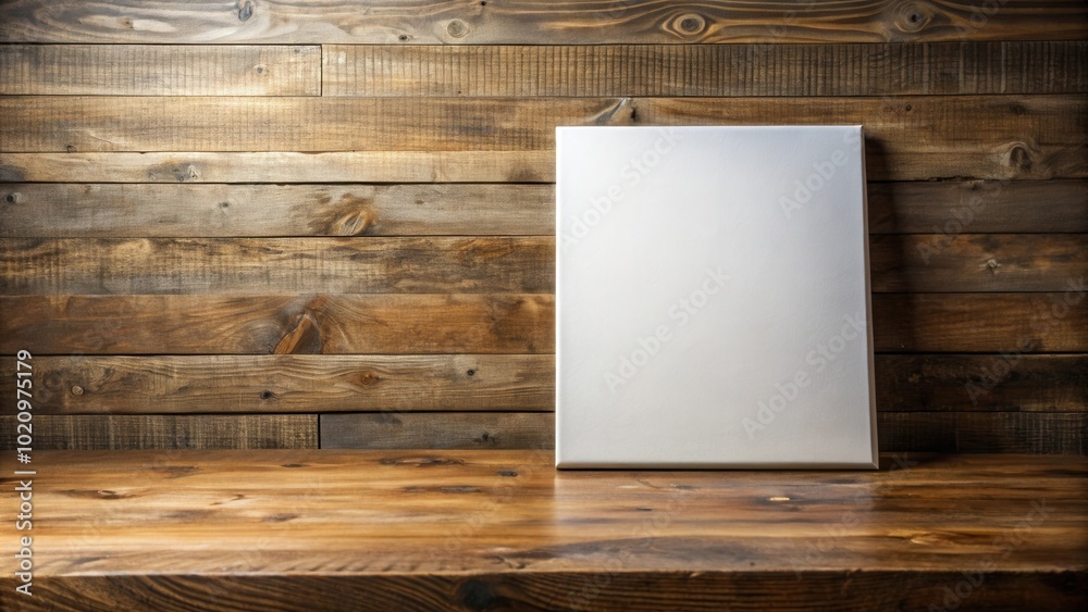 Poster White Canvas Mockup on Rustic Wooden Surface with Empty Space for Text or Design