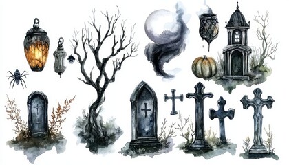 Watercolor Illustration of Various Halloween Elements