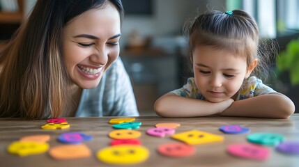 Fototapeta premium Mother Helping Child Explore Emotions with Colorful Shapes for Emotional Intelligence and Empathy