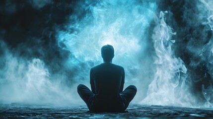 Obraz premium Silhouette Meditating on Emotional Hologram in Moody Atmosphere