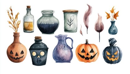 Watercolor Halloween Illustration with Pumpkins, Bottles, and Vases