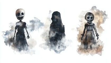 Obraz premium Three Ghostly Figures in Watercolor Clouds