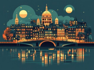Fototapeta premium Flat Illustration of Paris with Riverside Cafes and Historic Architecture