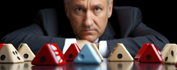 A serious businessman contemplating strategy with triangular game pieces in a dimly lit setting