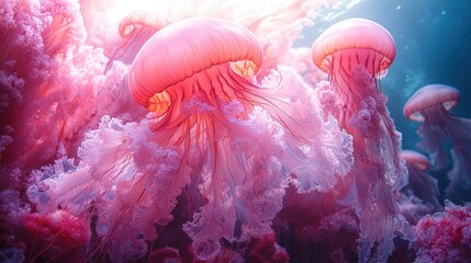 A futuristic city submerged in the ocean, glowing jellyfish floating above vibrant coral streets, creating a utopian oceanic habitat. For eco-architecture trends