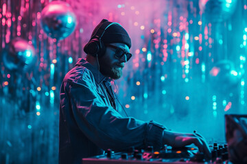 Obraz premium DJ man in headphones on blue background