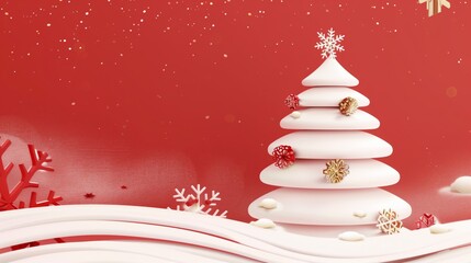 A festive holiday graphic featuring a stylized white Christmas tree on a vibrant red background with decorative elements.