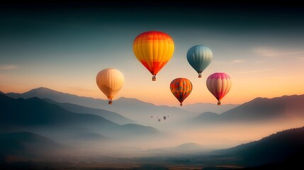 Fototapeta premium Captivating Aerial Festival of Colorful Balloons Soaring Over Majestic Mountain Landscapes Vibrant hues intricate patterns and a romantic vintage aesthetic create an and whimsical scene in the sky