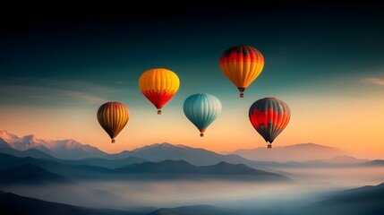 Obraz premium Colorful and whimsical air balloon festival with vibrant hues and intricate patterns floating in the scenic mountainous landscape Majestic and balloons soaring through the sky
