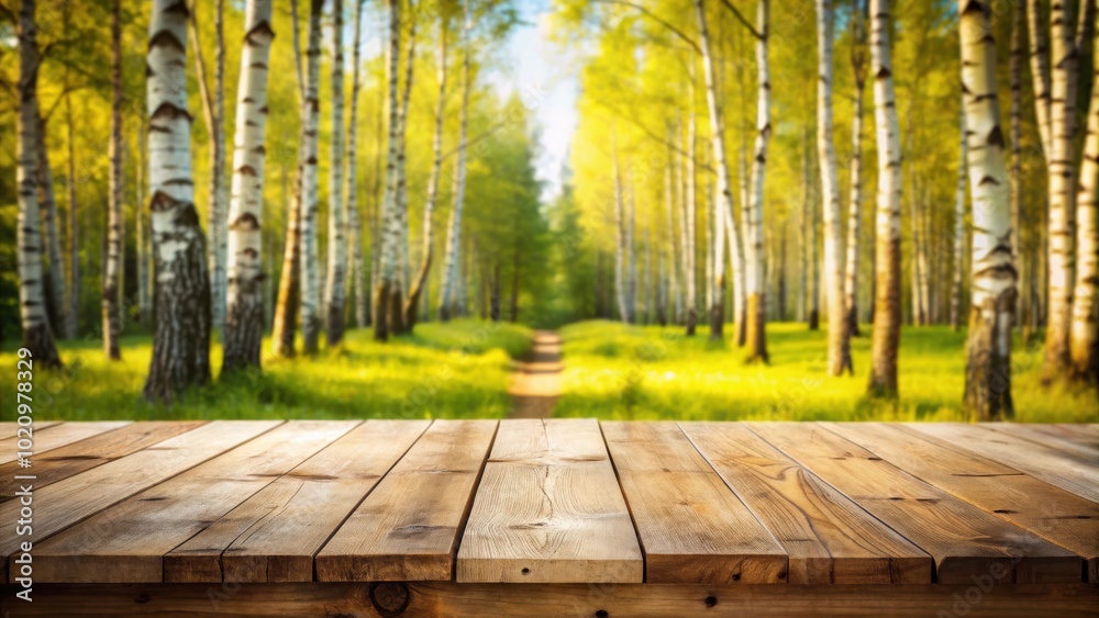 Poster empty wooden tabletop against a blurred background of a birch forest in summer