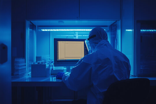 Scientist in Protective Clothes Conducting Research on Computer in Modern Laboratory Manufactory Producing Semiconductors and Pharmaceutical Products