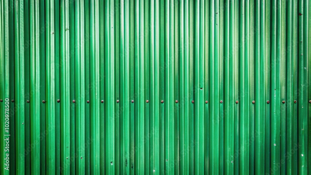 Poster a textured background of a corrugated metal sheet in vibrant green, featuring rows of rivets for a r