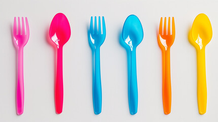 Colorful Plastic Spoons and Forks on White