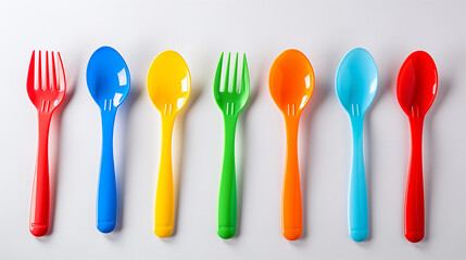 Colorful Plastic Spoons and Forks on White Background