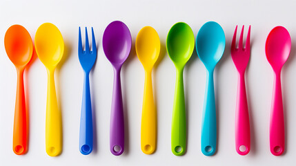 Colorful Plastic Spoons and Forks on White Background