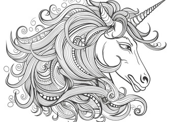 Hand drawn unicorn beautiful unicorn head for coloring book page for kids, teen, and adult, colouring page blank