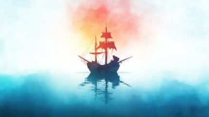 Obraz premium Majestic Sailboat Navigating Serene Oceanic Horizon at Dramatic Sunset or Sunrise