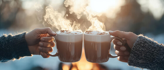Two steaming mugs of hot chocolate clink together against a warm, outdoor background.