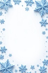Blue snowflakes arranged  decorative border on a clean white background, winter-themed illustration with copy space, vertical format festive winter decoration, Christmas snowflake border